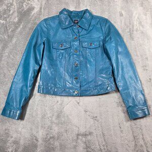 Vintage Gap Jacket Womens Medium Teal Blue Leather Trucker Rockstar Moto Y2K